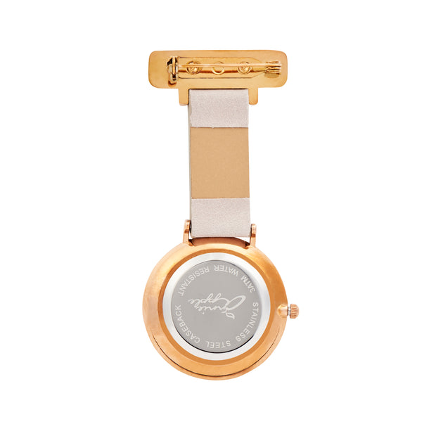 Annie Apple Grey Leather and Rose Gold Nurse Fob Watch Ladies