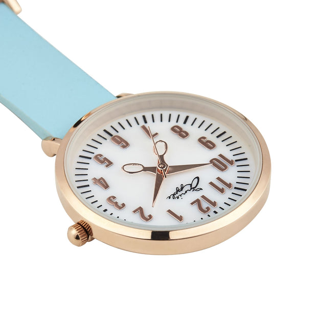 Annie Apple Blue Leather and Rose Gold, Mother of Pearl Nurse Fob Watch Ladies